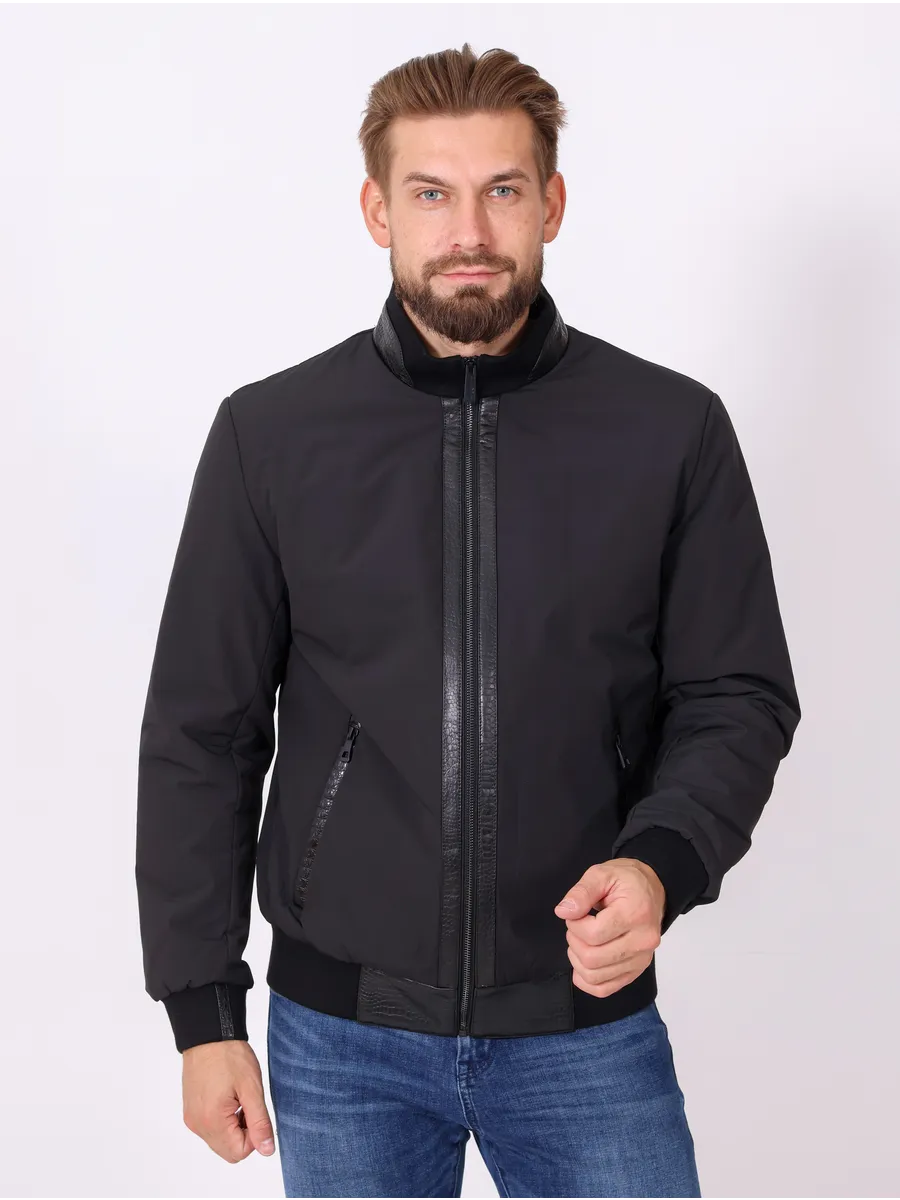 Куртка мужская демисезонная из полиэстера с натуральной кожей и синтепоном