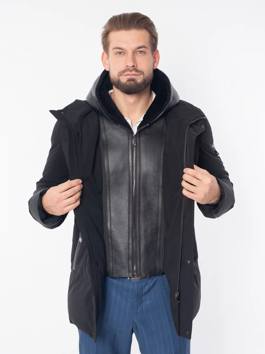 Куртка мужская зимняя из полиэстера и натуральной кожи с овчиной